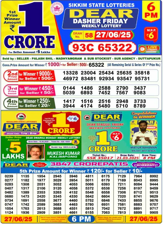 Dear Lottery 6PM Result Image