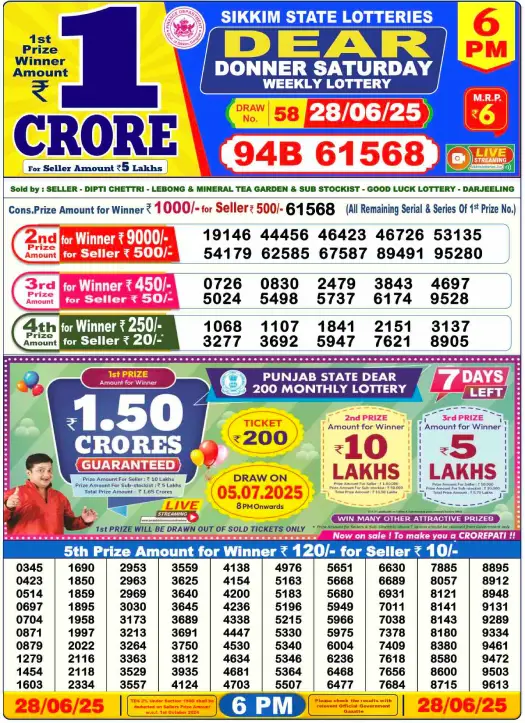 Dear Lottery 6PM Result Image