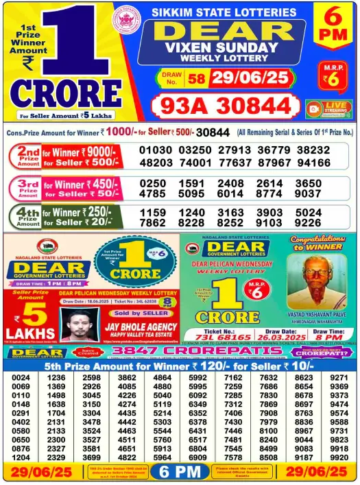 Dear Lottery 6PM Result Image