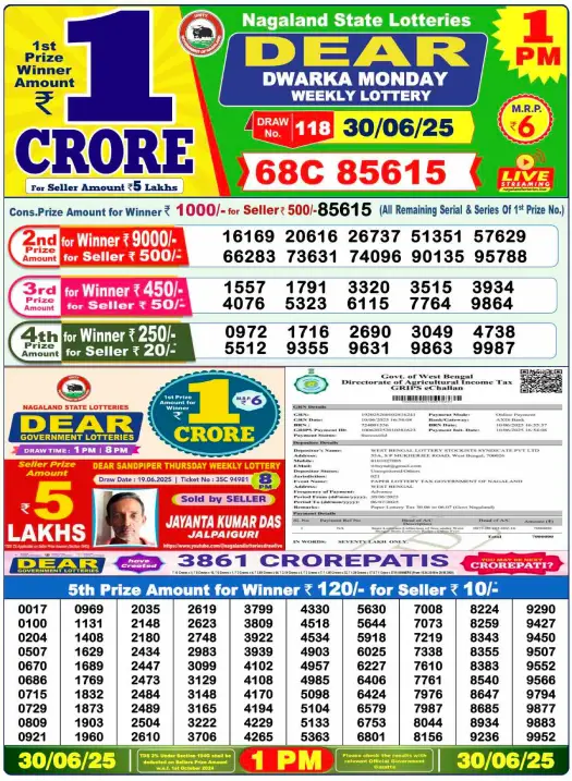 Dear Lottery 1PM Result Image