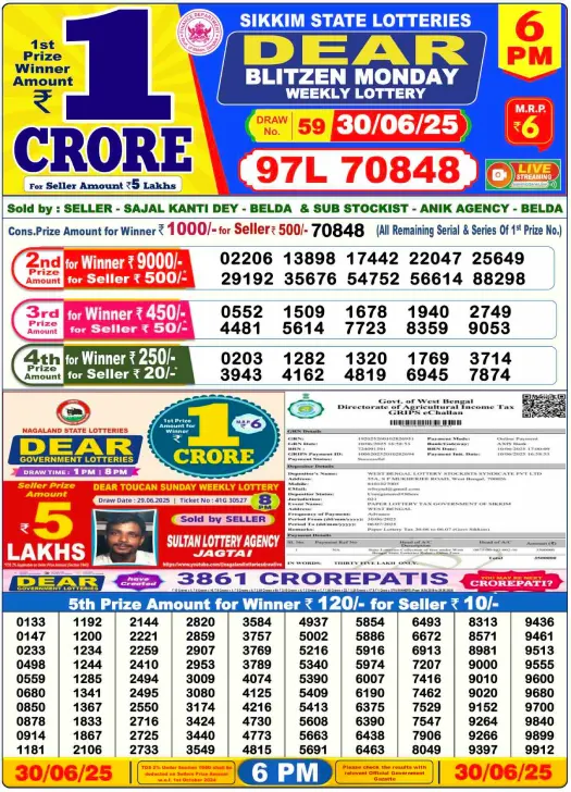 Dear Lottery 6PM Result Image