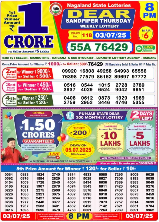 Dear Lottery 8PM Result Image