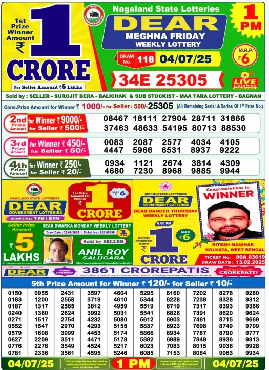Dear Lottery 1PM Result Image