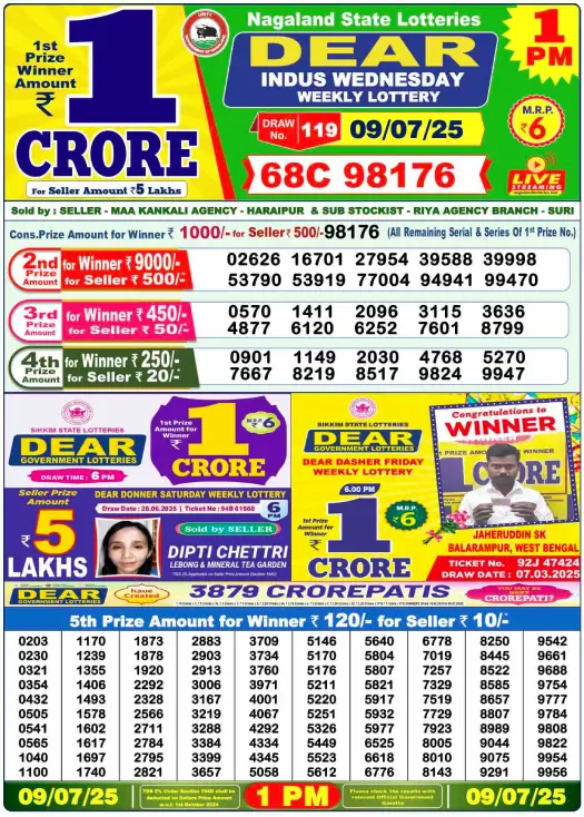 Dear Lottery 1PM Result Image