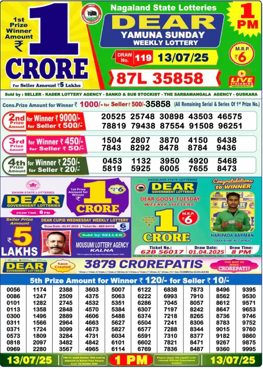 Dear Lottery 1PM Result Image