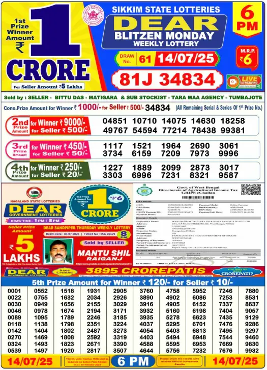 Dear Lottery 6PM Result Image