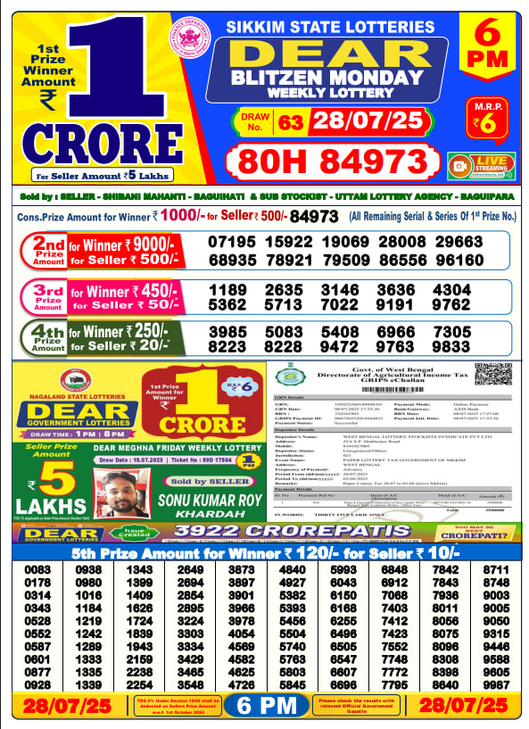 Dear Lottery 6PM Result Image