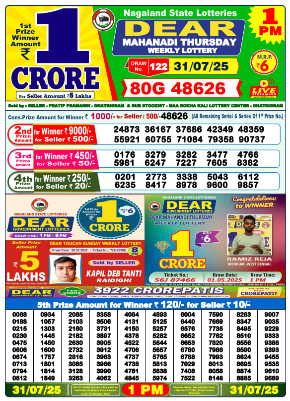 Dear Lottery 1PM Result Image