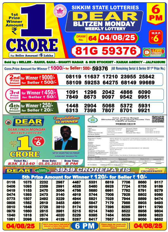 Dear Lottery 6PM Result Image