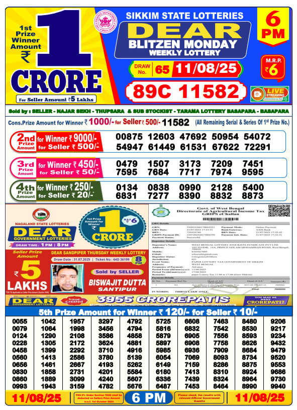 Dear Lottery 6PM Result Image