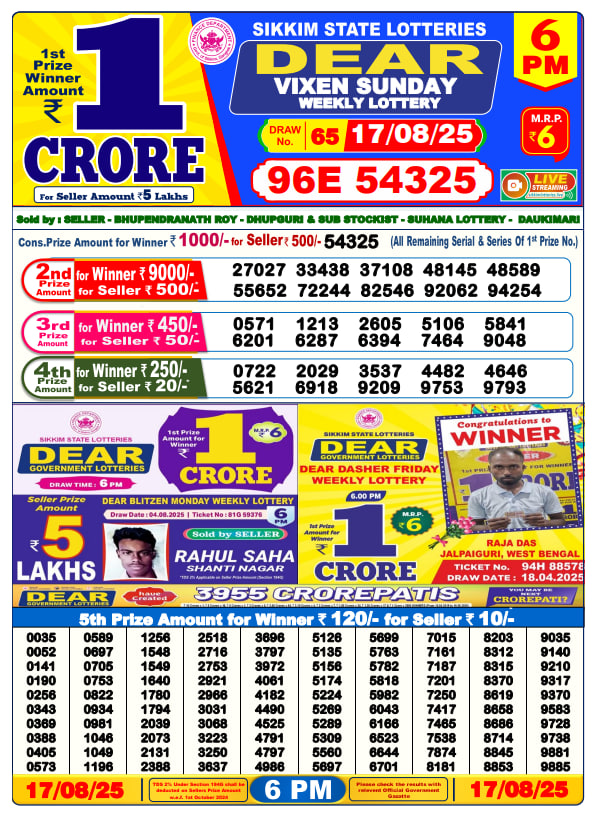 Dear Lottery 6PM Result Image