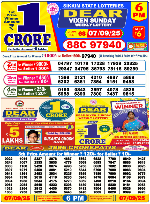 Dear Lottery 6PM Result Image