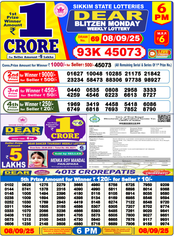 Dear Lottery 6PM Result Image