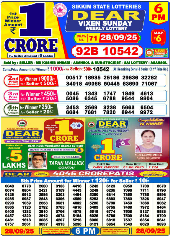 Dear Lottery 6PM Result Image