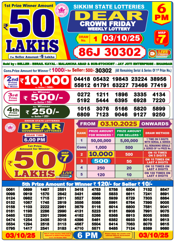 Dear Lottery 6PM Result Image