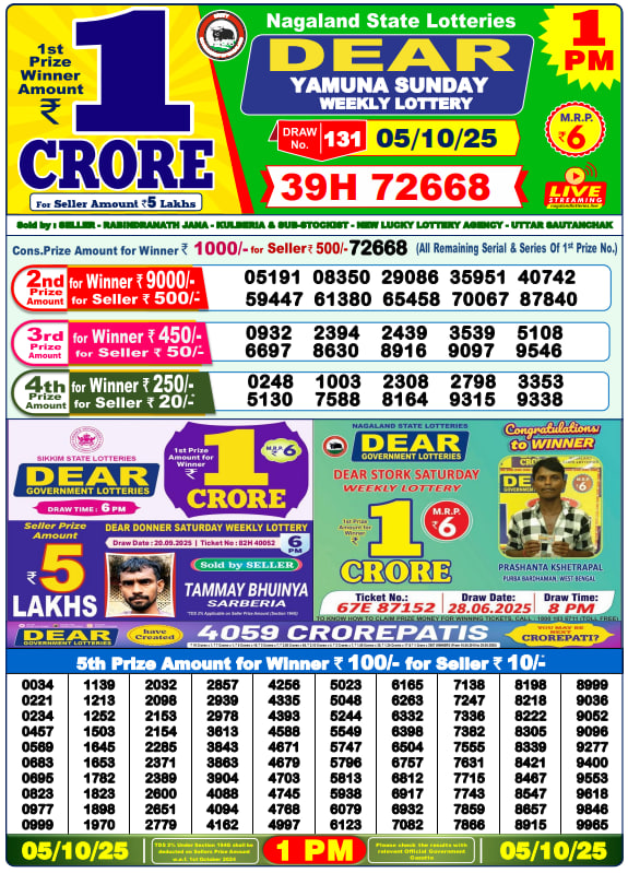 Dear Lottery 1PM Result Image