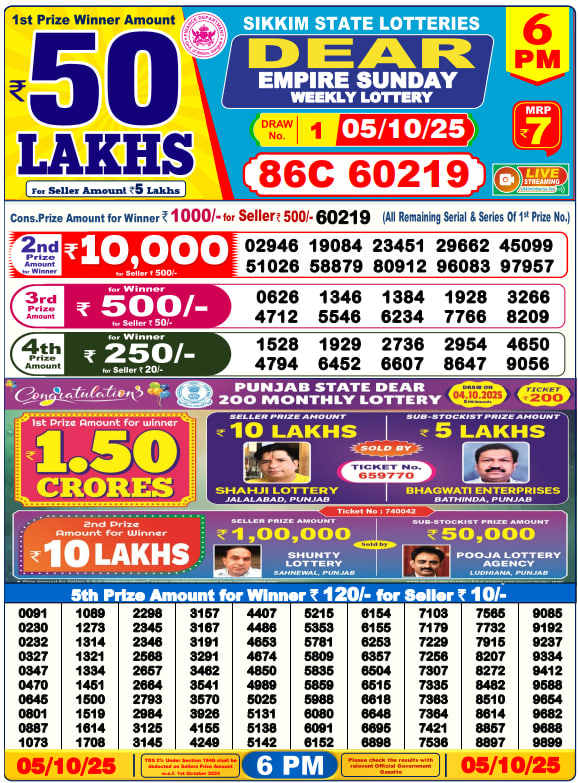 Dear Lottery 6PM Result Image