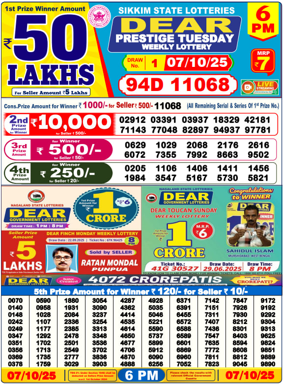 Dear Lottery 6PM Result Image