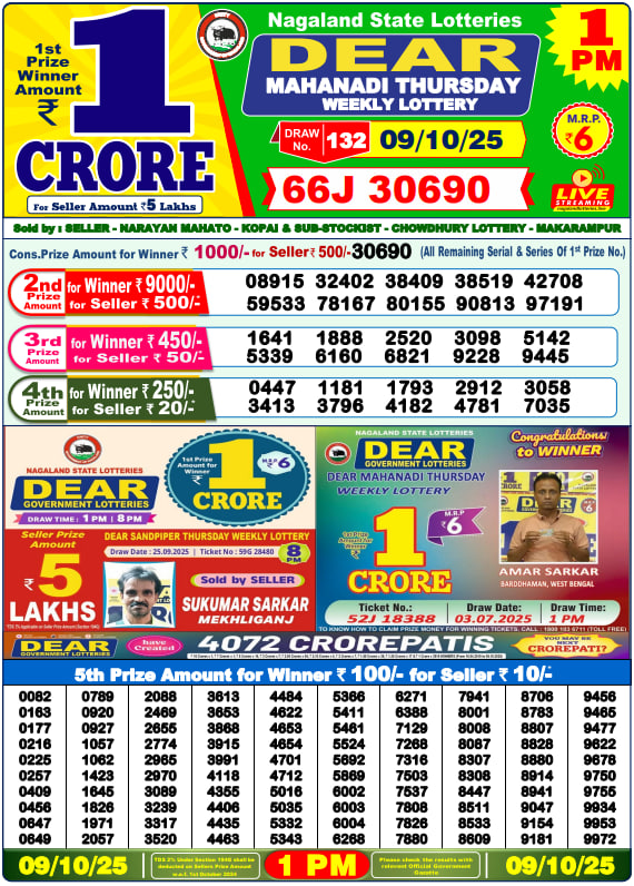Dear Lottery Result Today(09-10-2025) | 1 PM