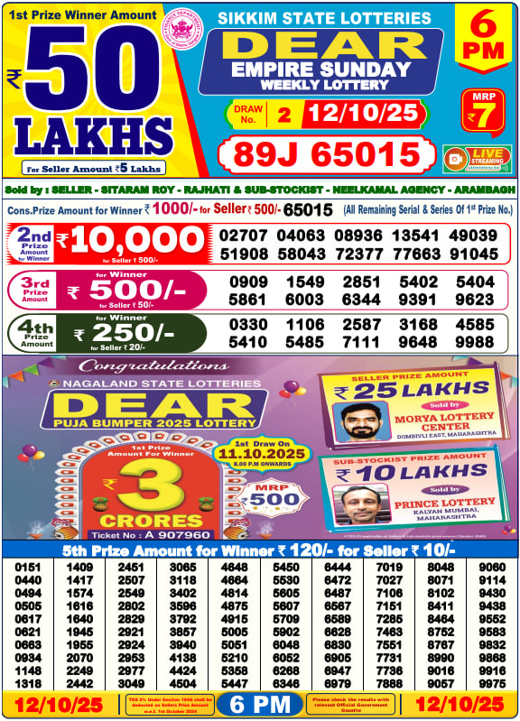 Dear Lottery 6PM Result Image