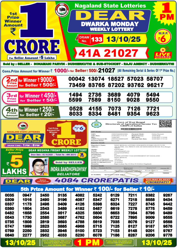 Dear Lottery 1PM Result Image