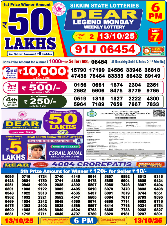Dear Lottery 6PM Result Image
