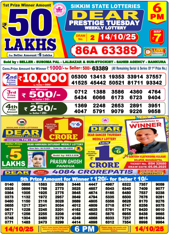Dear Lottery 6PM Result Image