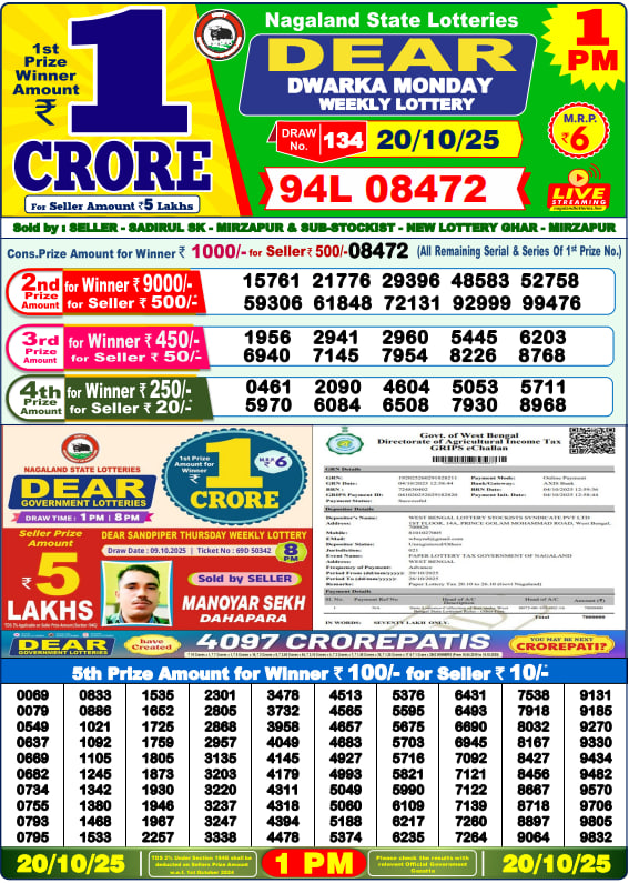 Dear Lottery 1PM Result Image