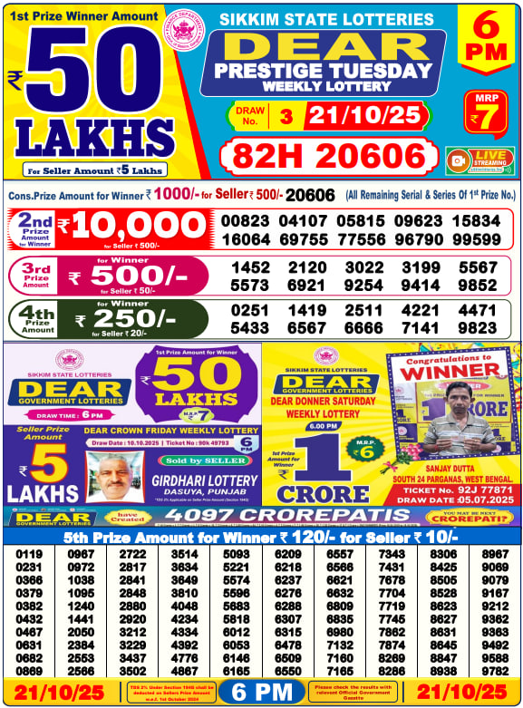 Dear Lottery 6PM Result Image