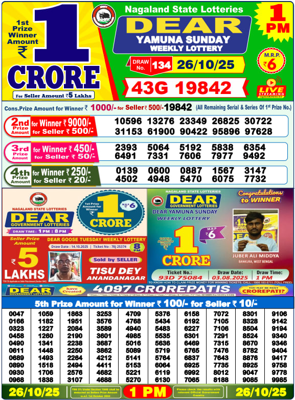 Dear Lottery 1PM Result Image