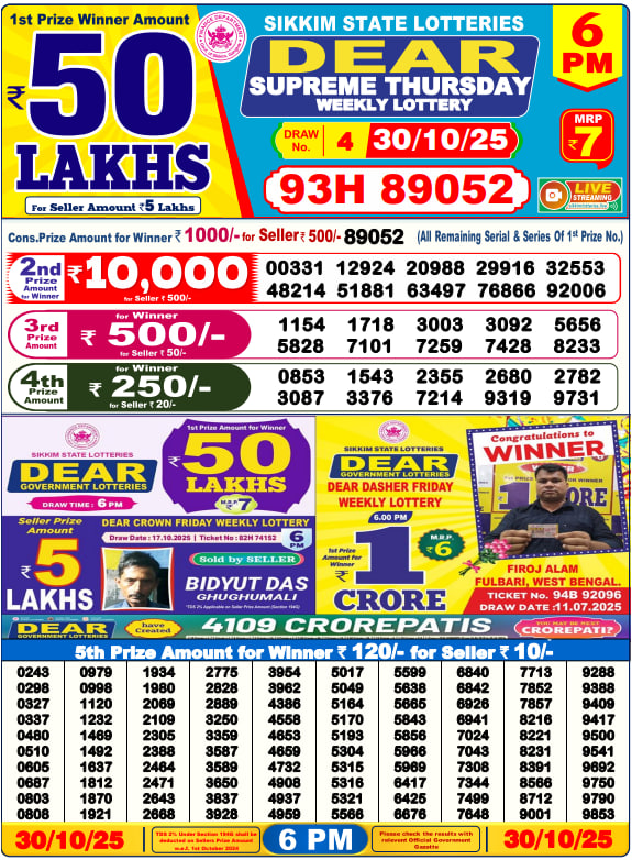 Dear Lottery 6PM Result Image