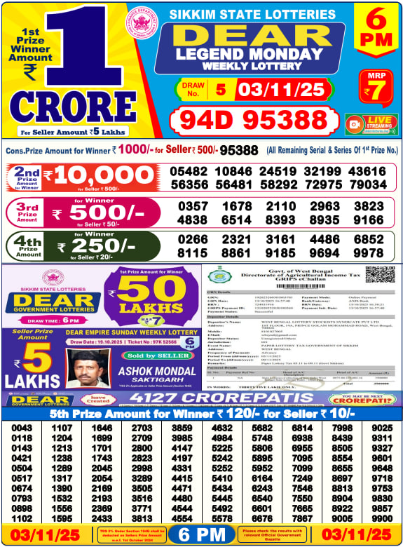 Dear Lottery 6PM Result Image