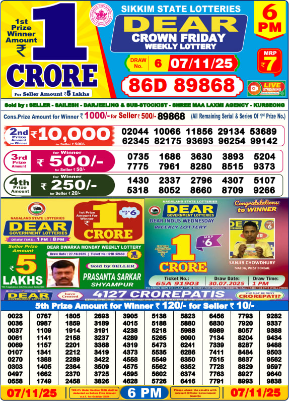 Dear Lottery 6PM Result Image