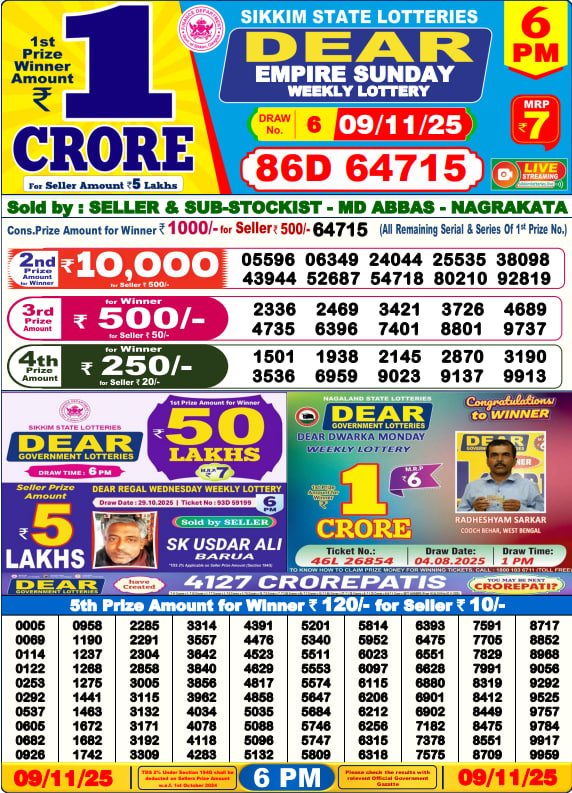 Dear Lottery 6PM Result Image