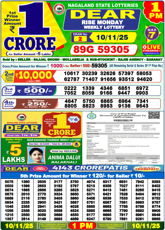 Dear Lottery 1PM Result Image