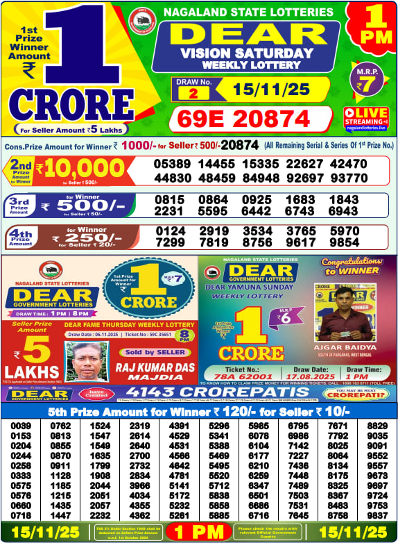 Dear Lottery 1PM Result Image