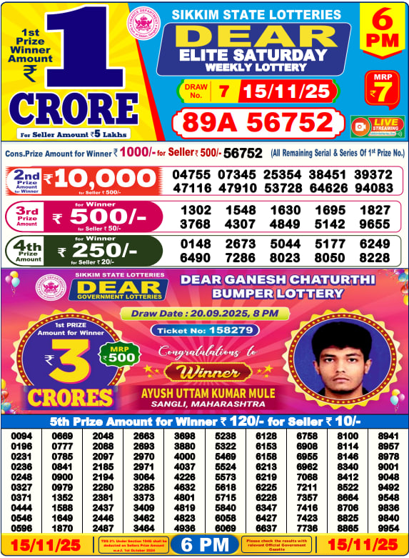 Dear Lottery 6PM Result Image