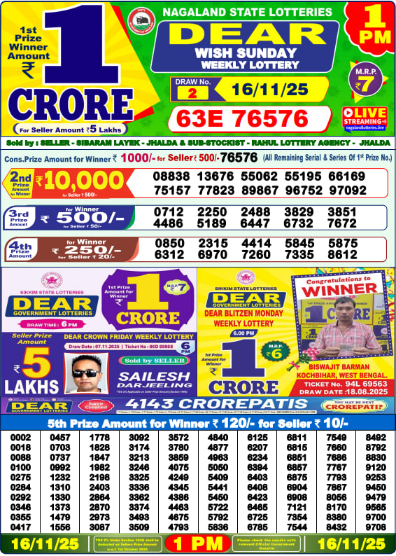 Dear Lottery 1PM Result Image