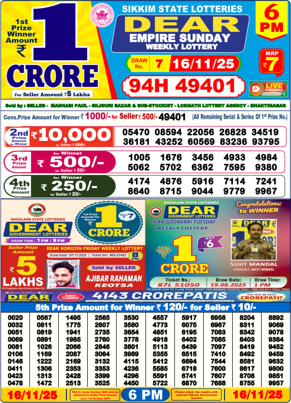 Dear Lottery 6PM Result Image