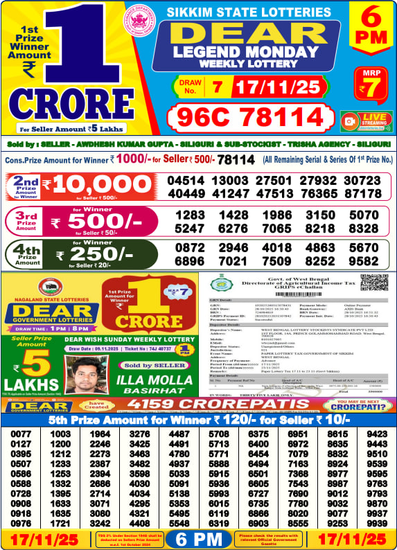 Dear Lottery 6PM Result Image