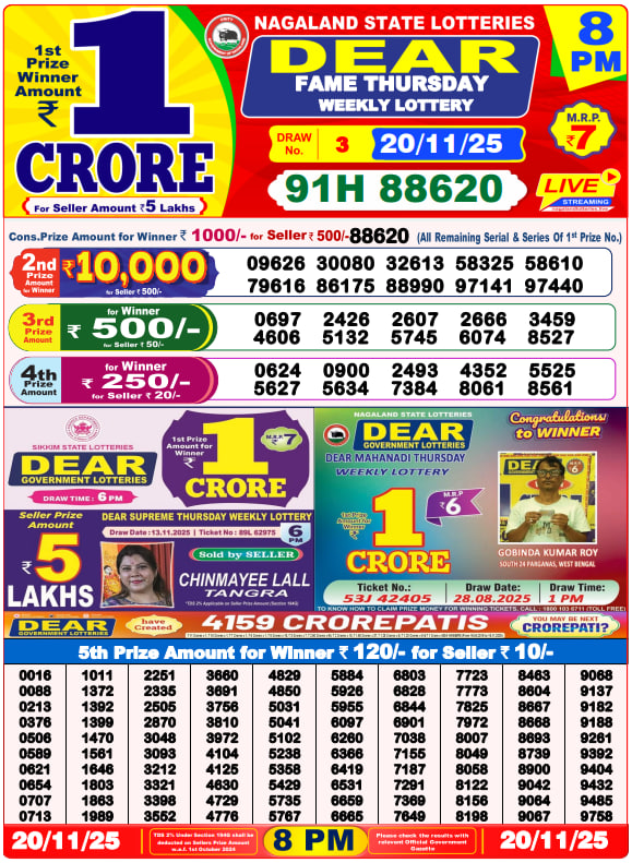 Dear Lottery 8PM Result Image