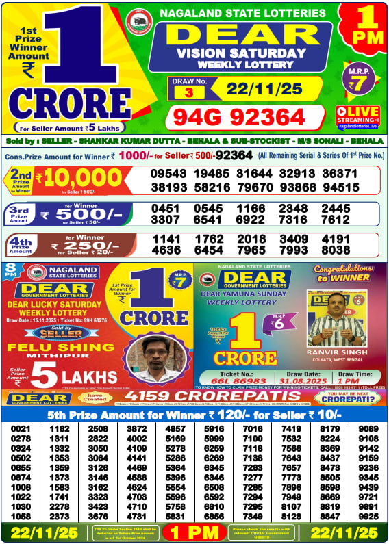 Dear Lottery 1PM Result Image