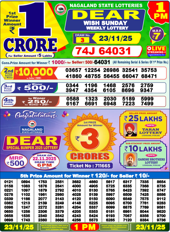 Dear Lottery 1PM Result Image