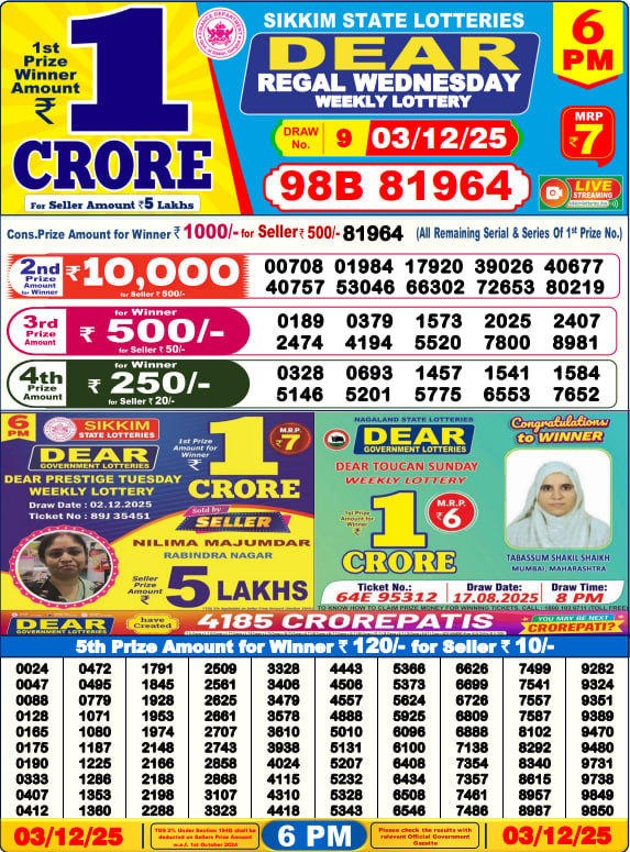 Dear Lottery 6PM Result Image