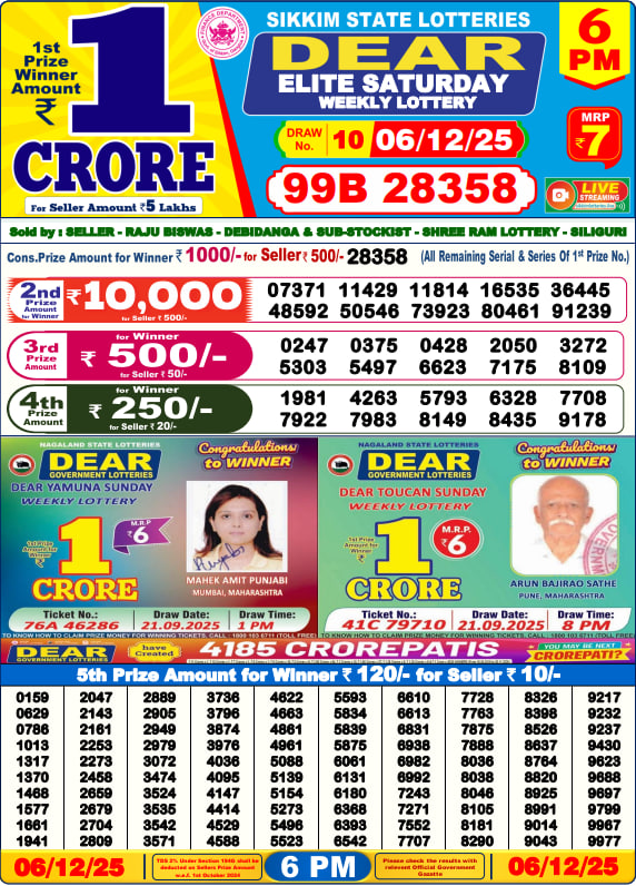 Dear Lottery 6PM Result Image