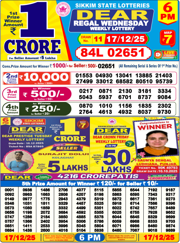 Dear Lottery 6PM Result Image