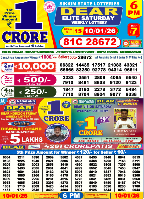 Dear Lottery 6PM Result Image