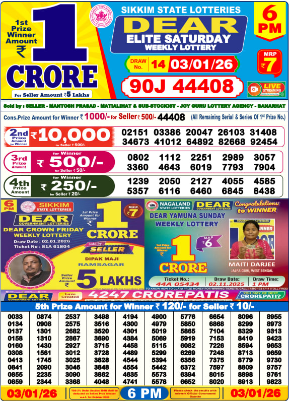 Dear Lottery 6PM Result Image